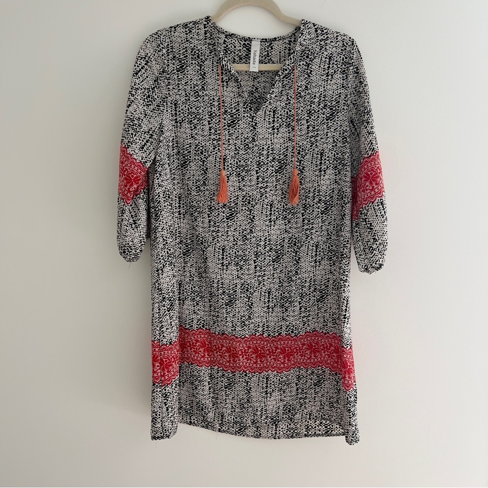 Yahada Black/White Print 3/4 Sleeve Shirt Dress Size SM